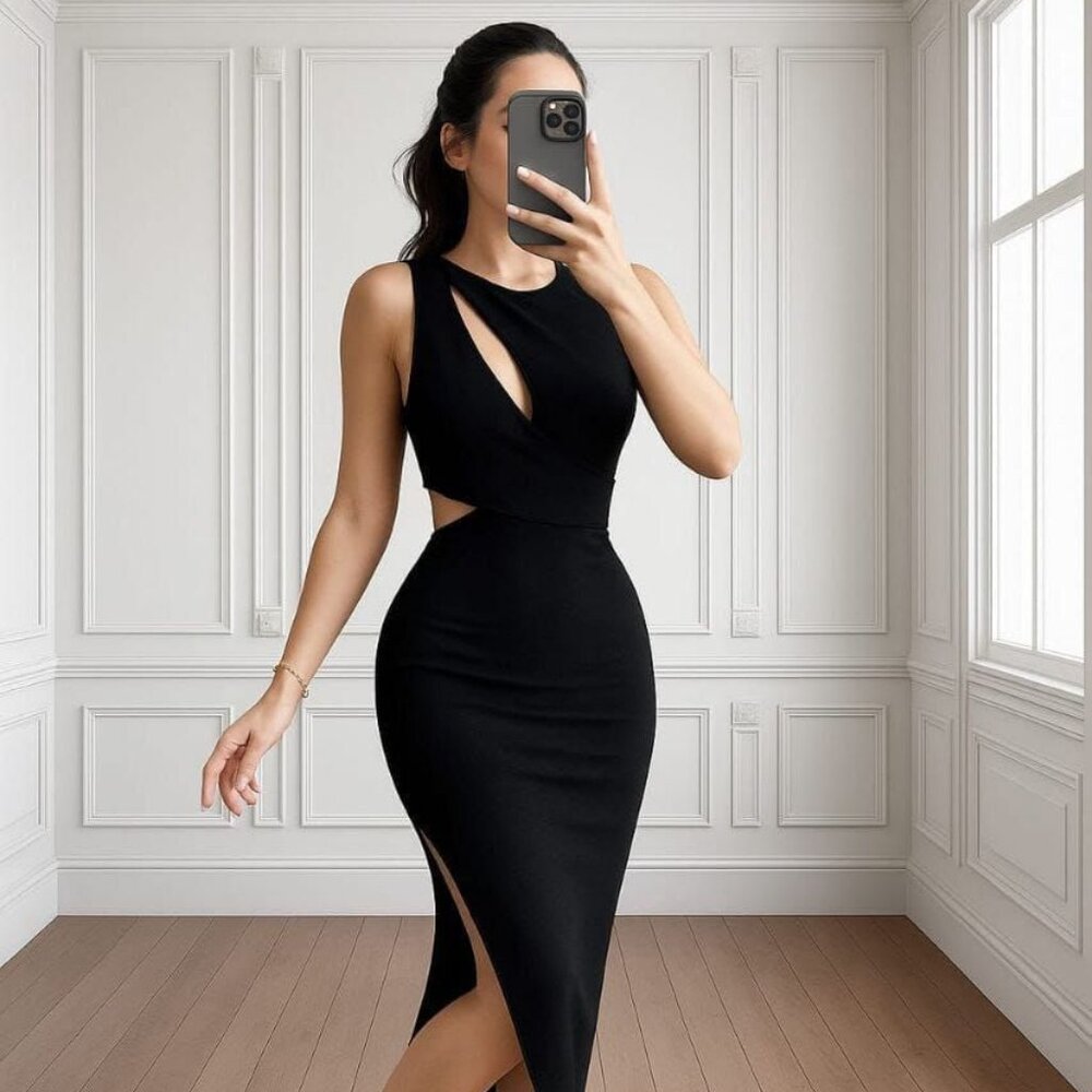 Women's Chest Detailed Backless Slit Detailed Scuba Dress Size S, M, L, XL